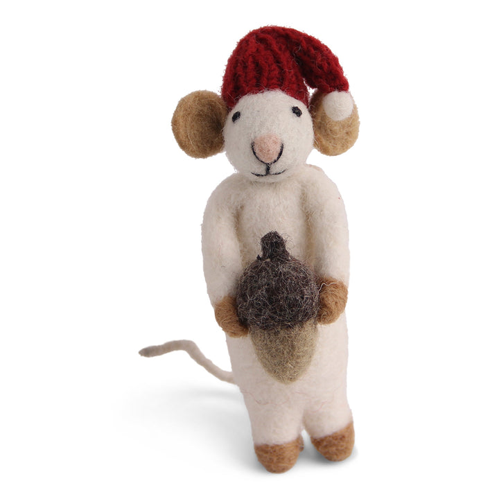 Christmas Figurine - Winter Mouse (Medium) with Acorn (White)