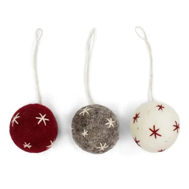 Felt Christmas Tree Decoration - Baubles with Starry Stiching (Set of 3)